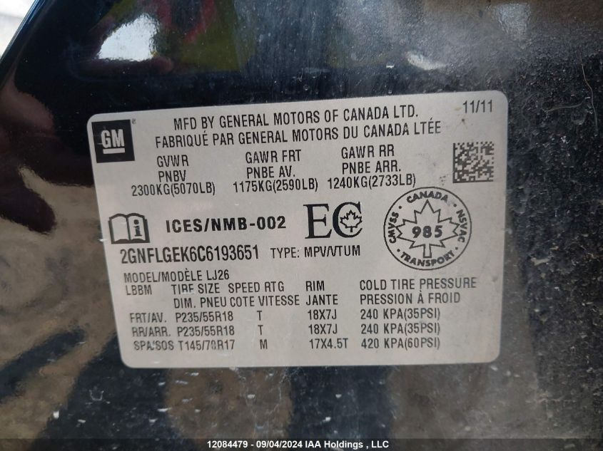 2012 Chevrolet Equinox VIN: 2GNFLGEK6C6193651 Lot: 12084479