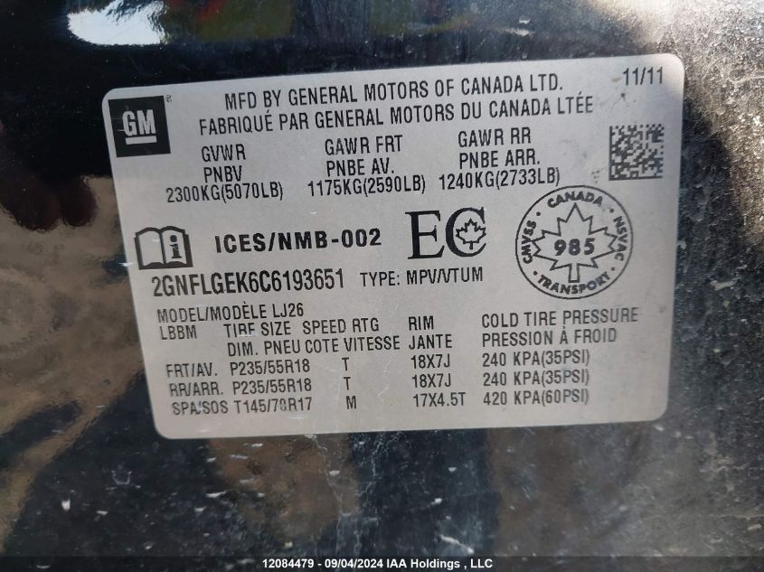 2012 Chevrolet Equinox VIN: 2GNFLGEK6C6193651 Lot: 12084479