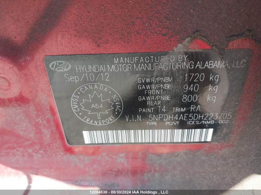 2013 Hyundai Elantra Gl VIN: 5NPDH4AE5DH223705 Lot: 12084530