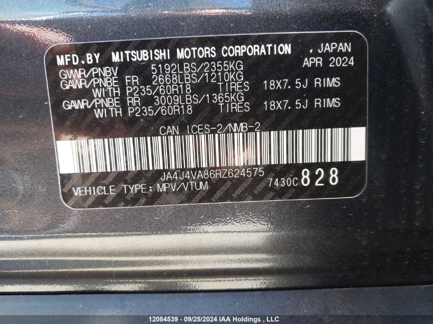 2024 Mitsubishi Outlander VIN: JA4J4VA86RZ624575 Lot: 12084539