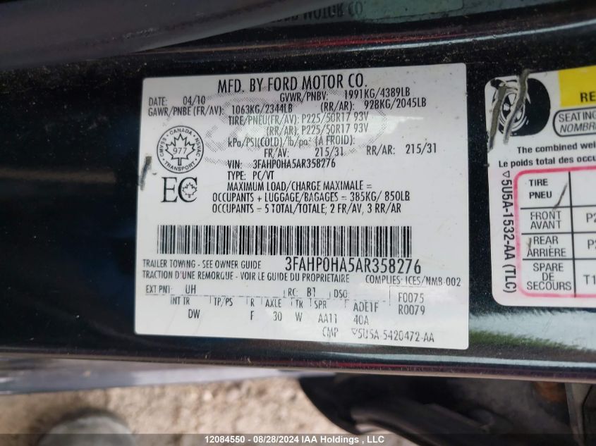 2010 Ford Fusion VIN: 3FAHP0HA5AR358276 Lot: 12084550