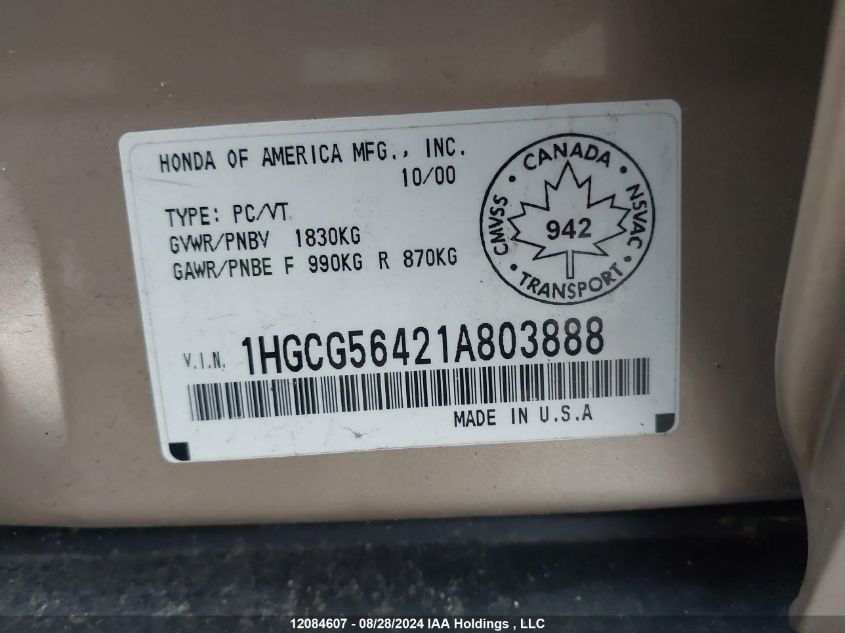 2001 Honda Accord Sdn VIN: 1HGCG56421A803888 Lot: 12084607