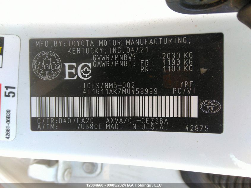 2021 Toyota Camry Se/Se Night Shade VIN: 4T1G11AK7MU458999 Lot: 12084660