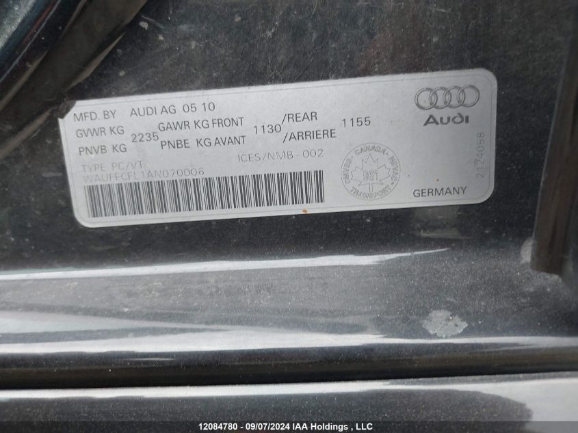 2010 Audi A4 VIN: WAUFFCFL1AN070006 Lot: 12084780