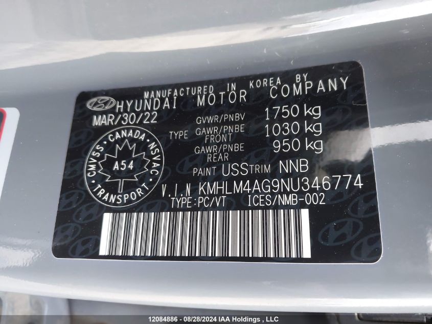 2022 Hyundai Elantra Sel VIN: KMHLM4AG9NU346774 Lot: 12084886