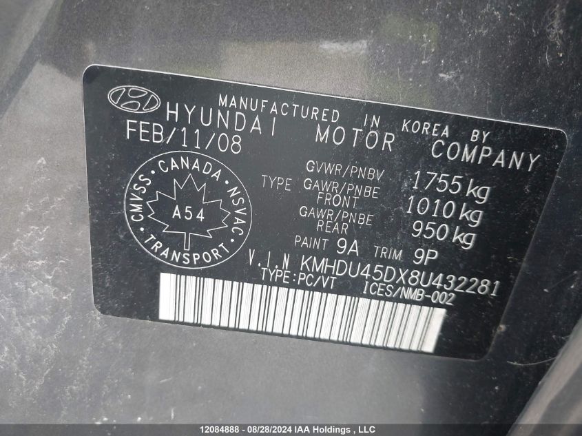 2008 Hyundai Elantra VIN: KMHDU45DX8U432281 Lot: 12084888