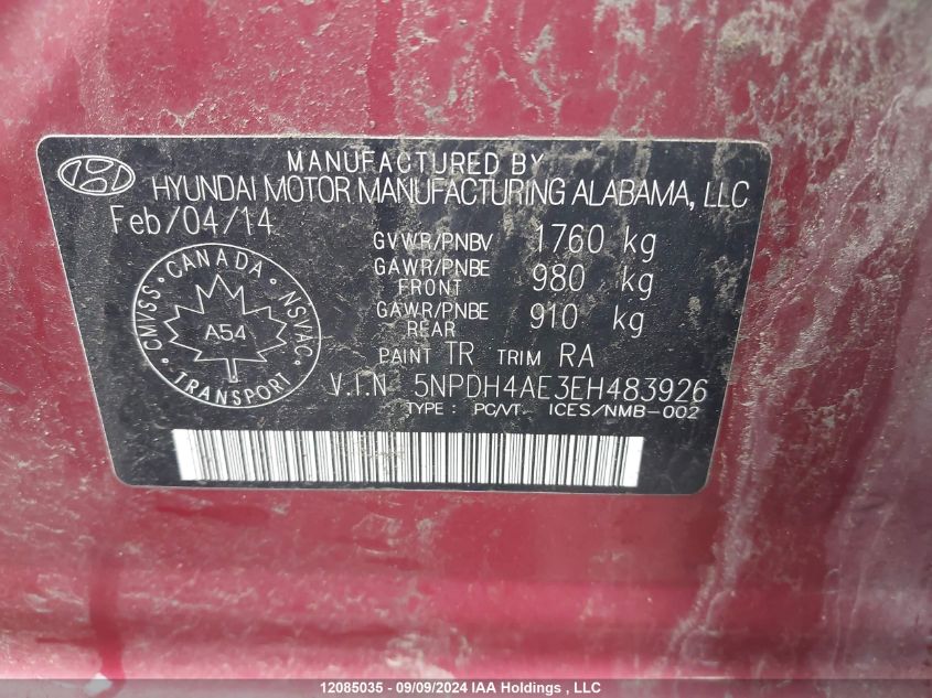 5NPDH4AE3EH483926 2014 Hyundai Elantra Se/Sport/Limited