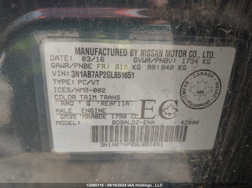 2016 Nissan Sentra VIN: 3N1AB7AP2GL651651 Lot: 12085118