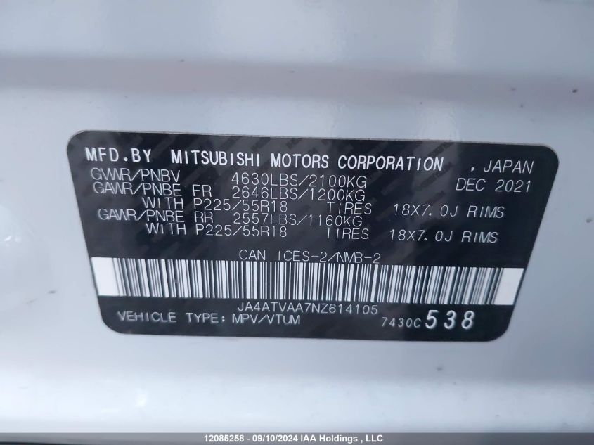 2022 Mitsubishi Eclipse Cross VIN: JA4ATVAA7NZ614105 Lot: 12085258