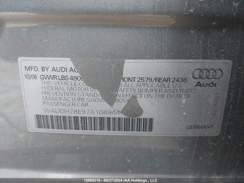 2007 Audi A4 VIN: WAUDH78E97A104944 Lot: 12085315