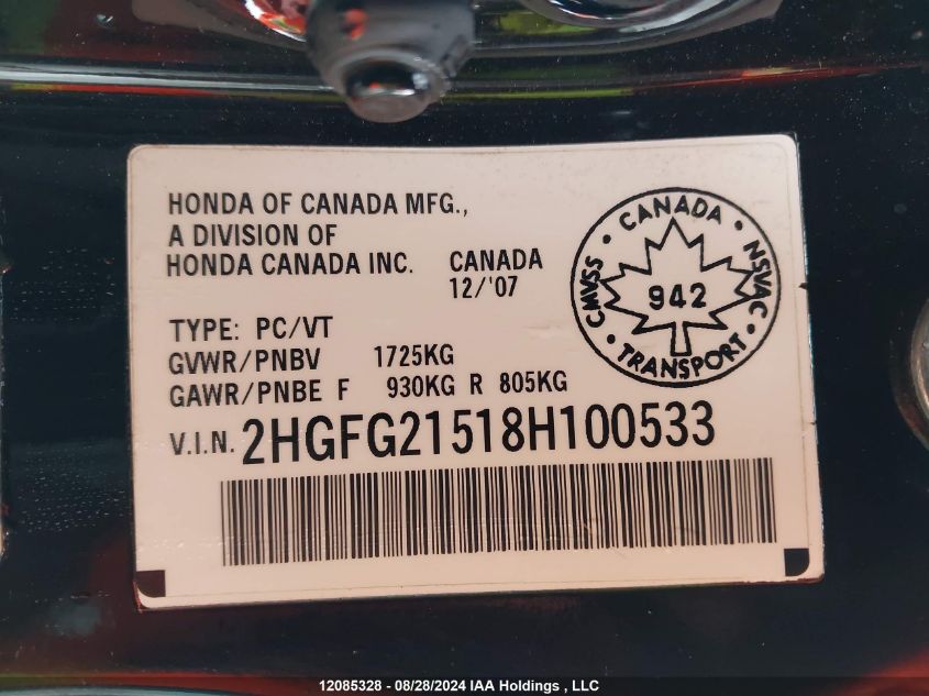 2008 Honda Civic Cpe VIN: 2HGFG21518H100533 Lot: 12085328