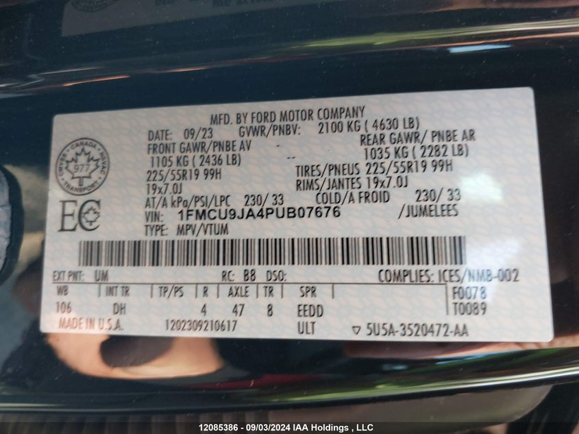 2023 Ford Escape Platinum VIN: 1FMCU9JA4PUB07676 Lot: 12085386