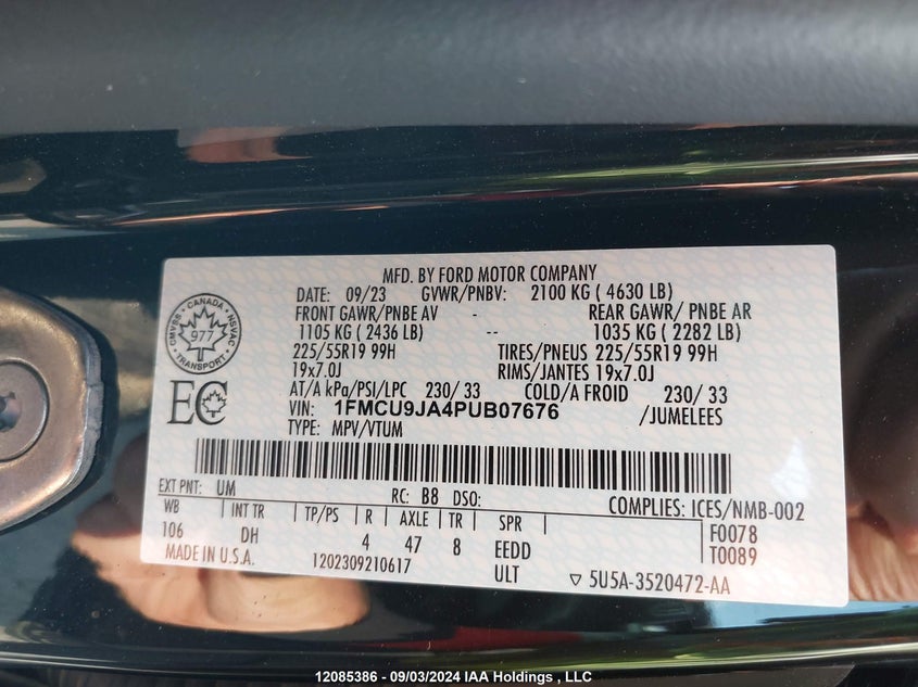 2023 Ford Escape Platinum VIN: 1FMCU9JA4PUB07676 Lot: 12085386