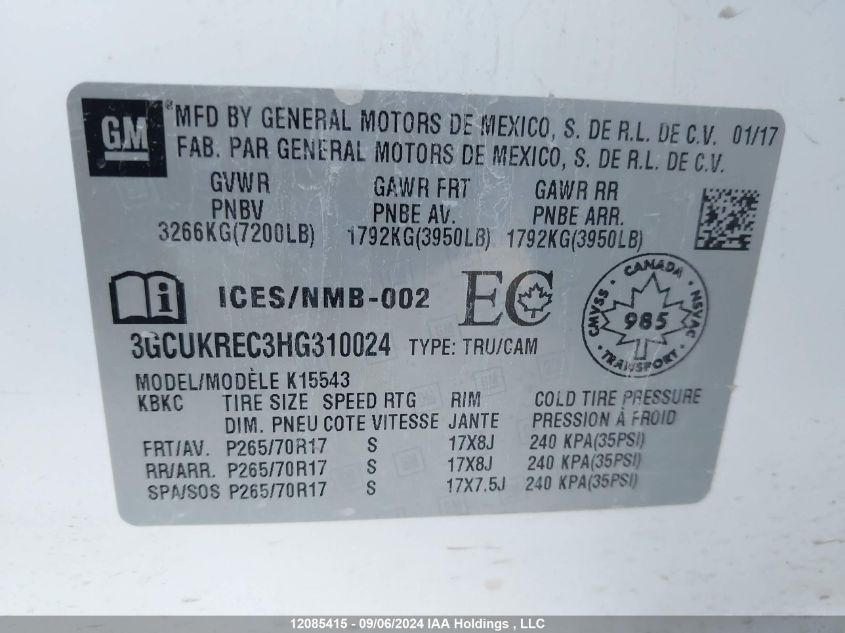 2017 Chevrolet Silverado 1500 VIN: 3GCUKREC3HG310024 Lot: 12085415