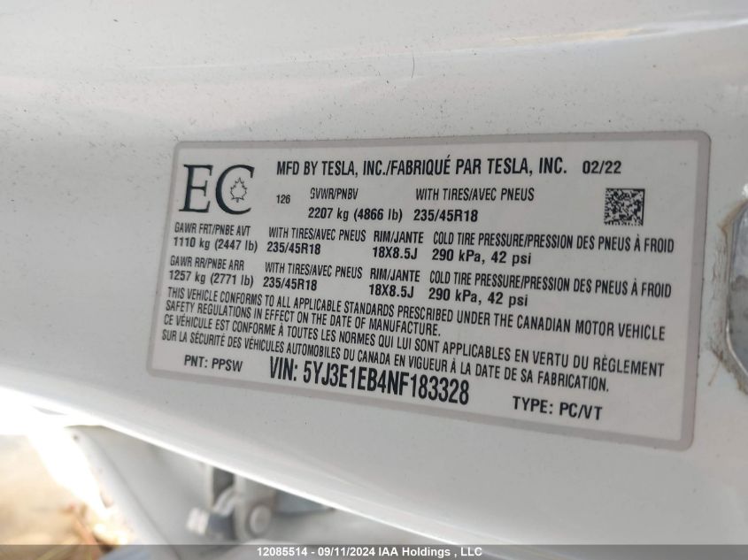 2022 Tesla Model 3 VIN: 5YJ3E1EB4NF183328 Lot: 12085514