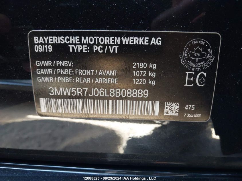 2020 BMW 3 Series VIN: 3MW5R7J06L8B08889 Lot: 12085525