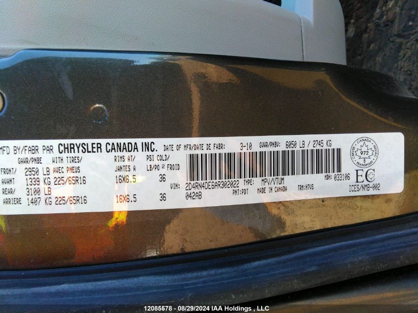 2010 Dodge Grand Caravan Se VIN: 2D4RN4DE6AR302022 Lot: 12085578