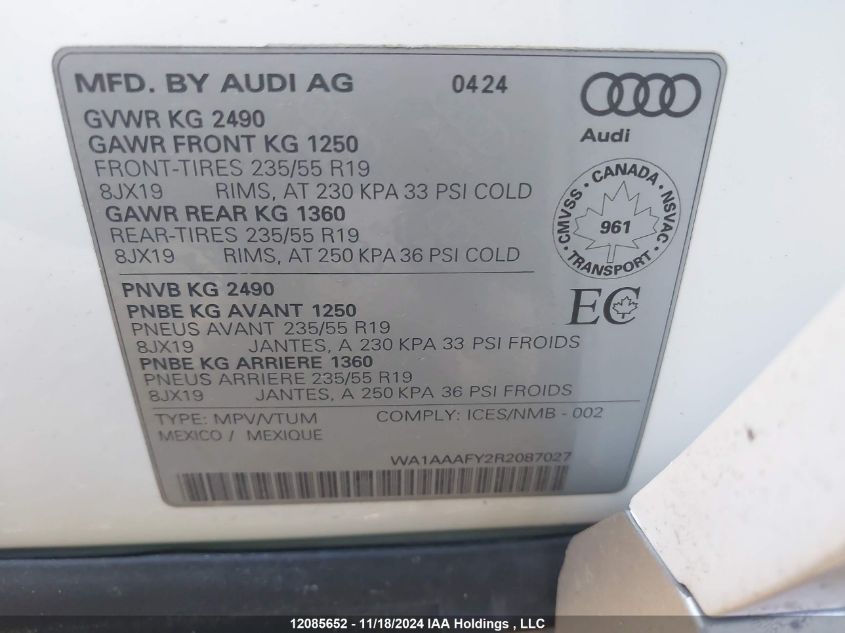 2024 Audi Q5 VIN: WA1AAAFY2R2087027 Lot: 12085652