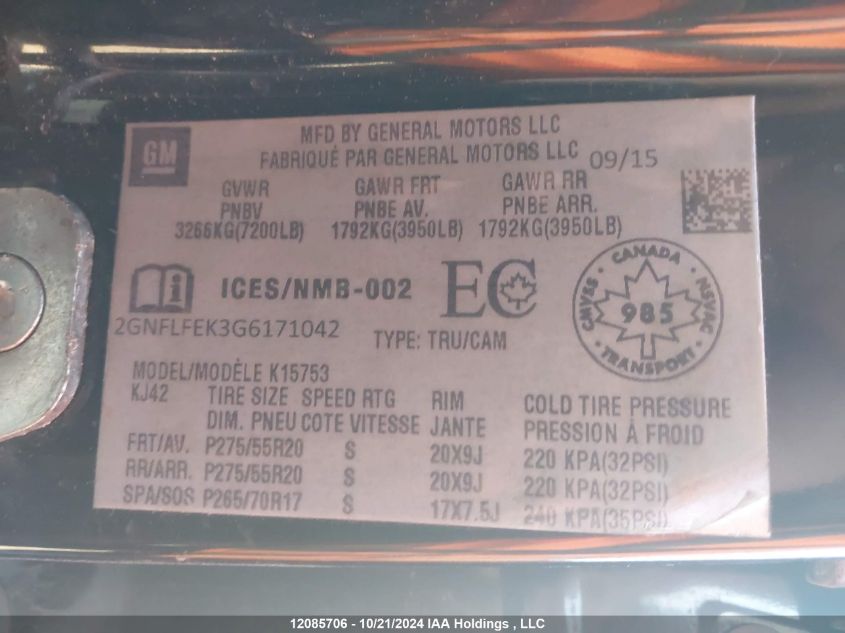 2016 Chevrolet Equinox VIN: 2GNFLFEK3G6171042 Lot: 12085706