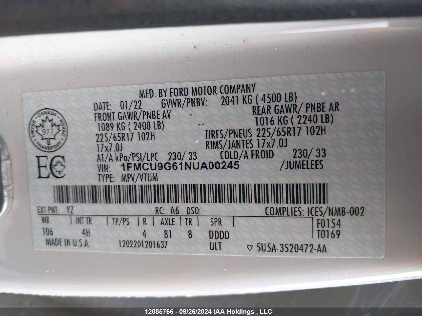 2022 Ford Escape Se VIN: 1FMCU9G61NUA00245 Lot: 12085766