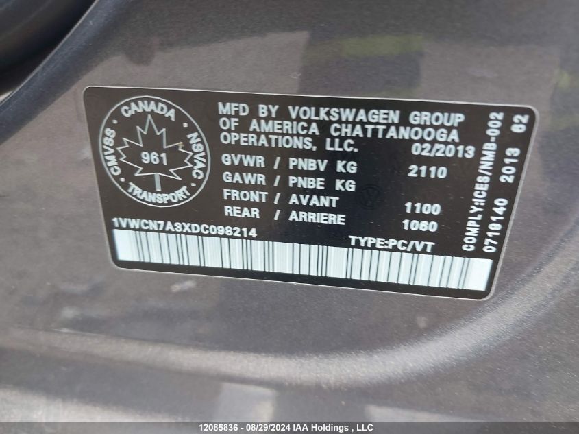 1VWCN7A3XDC098214 2013 Volkswagen Passat