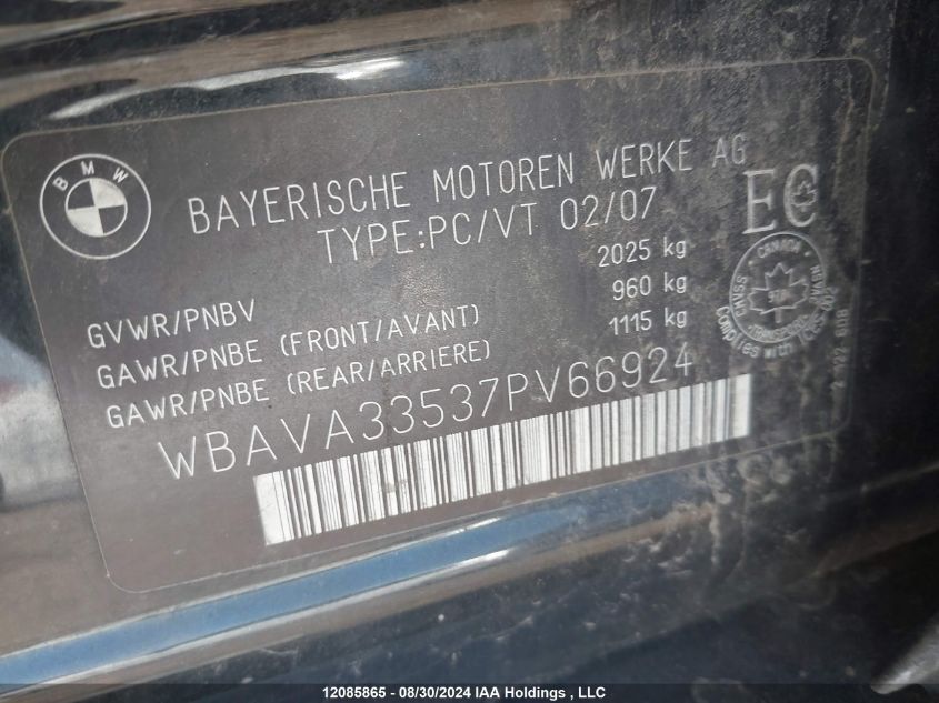 2007 BMW 3 Series VIN: WBAVA33537PV66924 Lot: 12085865