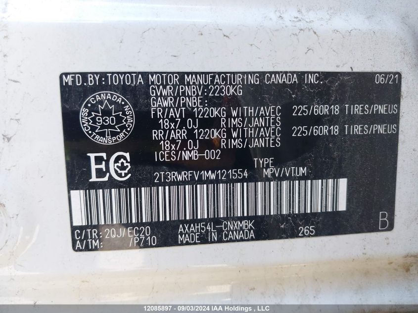 2T3RWRFV1MW121554 2021 Toyota Rav4 Xle