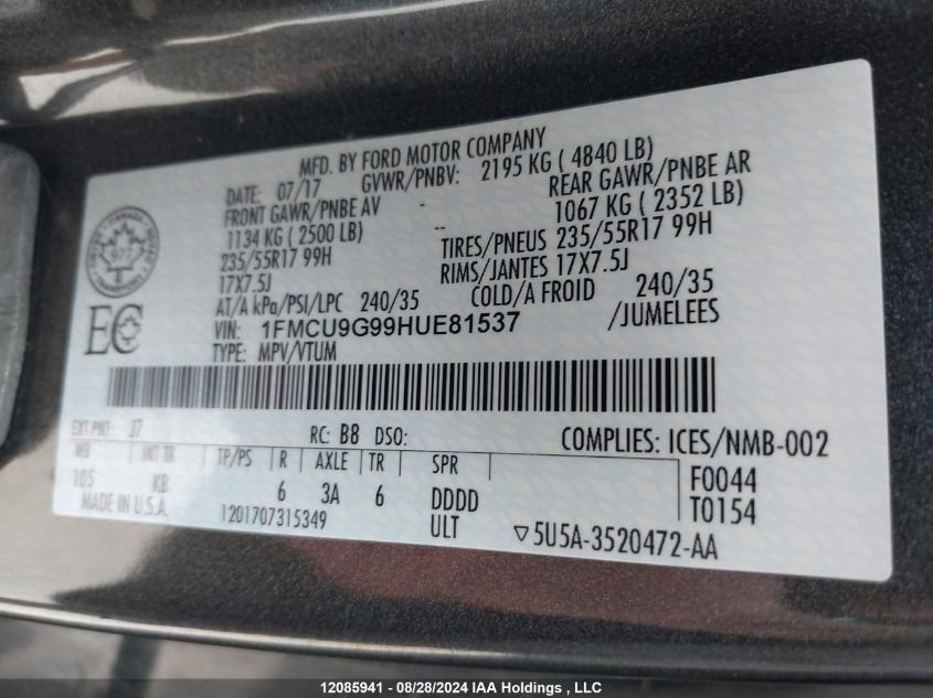 2017 Ford Escape VIN: 1FMCU9G99HUE81537 Lot: 12085941