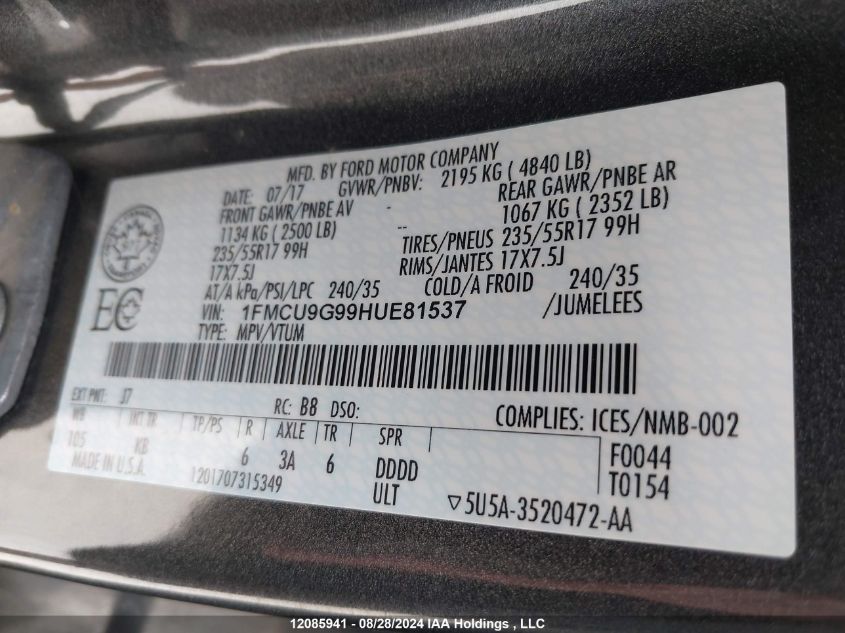 2017 Ford Escape VIN: 1FMCU9G99HUE81537 Lot: 12085941