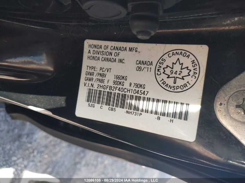 2012 Honda Civic Sdn VIN: 2HGFB2F40CH104547 Lot: 12086105