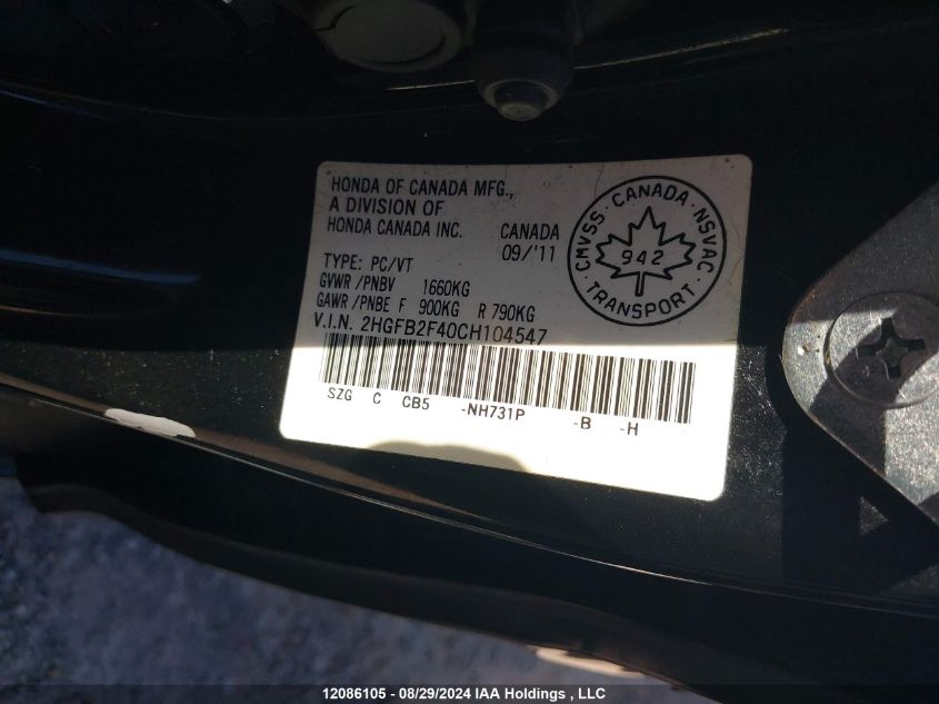 2012 Honda Civic Sdn VIN: 2HGFB2F40CH104547 Lot: 12086105