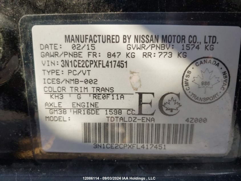 2015 Nissan Versa Note VIN: 3N1CE2CPXFL417451 Lot: 12086114