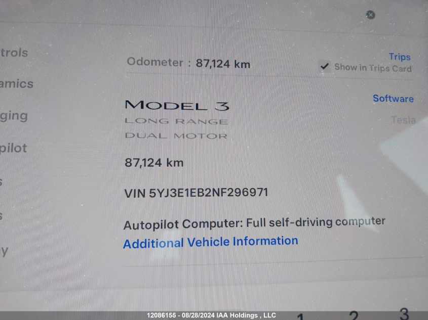 2022 Tesla Model 3 VIN: 5YJ3E1EB2NF296971 Lot: 12086155