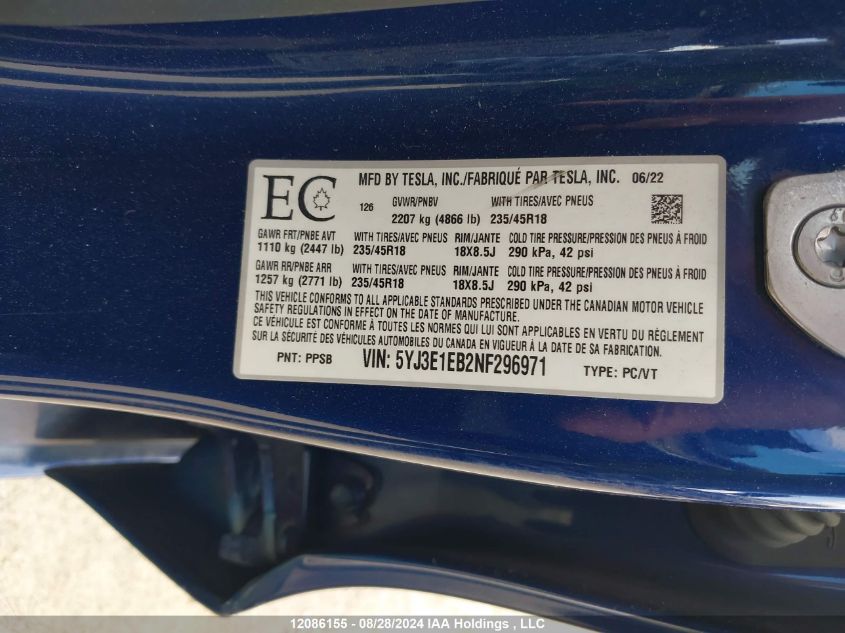 2022 Tesla Model 3 VIN: 5YJ3E1EB2NF296971 Lot: 12086155