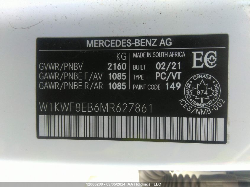 2021 Mercedes-Benz C 300 VIN: W1KWF8EB6MR627861 Lot: 12086209