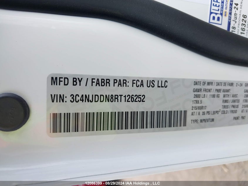 2024 Jeep Compass Trailhawk VIN: 3C4NJDDN8RT126252 Lot: 12086399