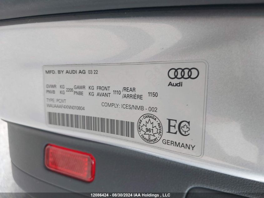 2022 Audi A4 Sedan VIN: WAUAAAF4XNN010804 Lot: 12086424