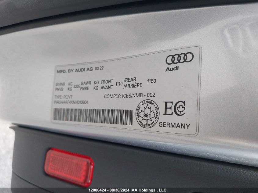 2022 Audi A4 Sedan VIN: WAUAAAF4XNN010804 Lot: 12086424