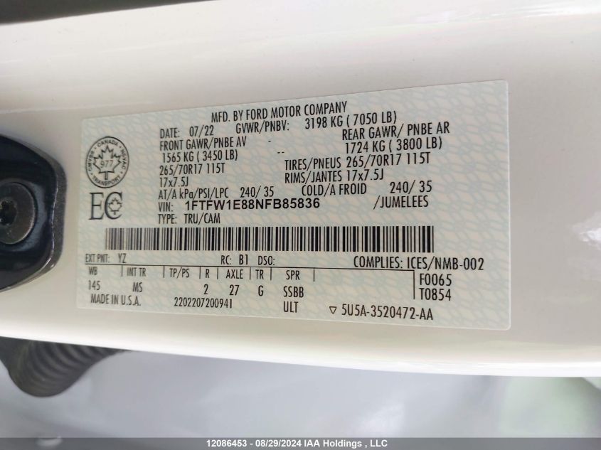 2022 Ford F150 Supercrew VIN: 1FTFW1E88NFB85836 Lot: 12086453