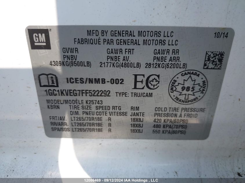 2015 Chevrolet Silverado K2500 Heavy Duty Lt VIN: 1GC1KVEG7FF522292 Lot: 12086469