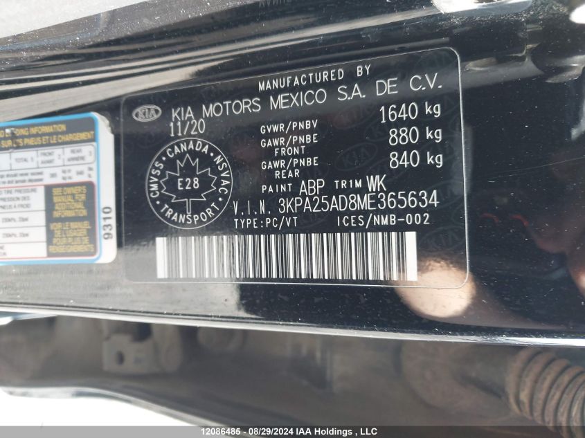 2021 Kia Rio S VIN: 3KPA25AD8ME365634 Lot: 12086485