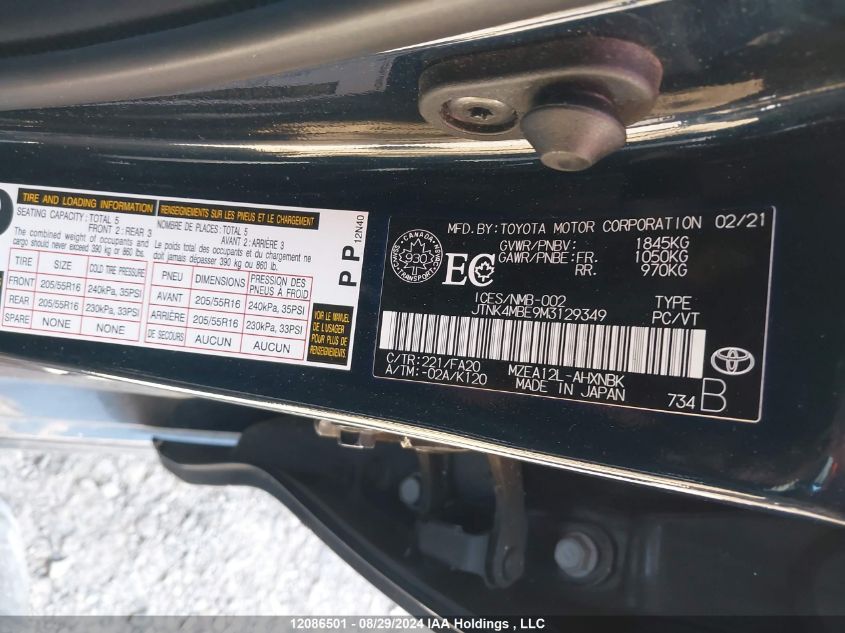 2021 Toyota Corolla Se VIN: JTNK4MBE9M3129349 Lot: 12086501