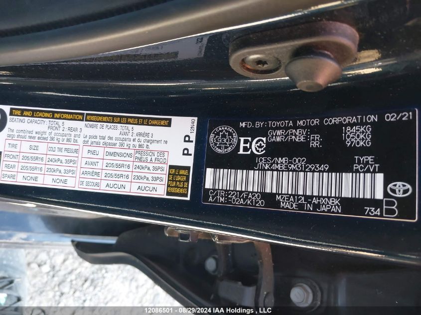 2021 Toyota Corolla Se VIN: JTNK4MBE9M3129349 Lot: 12086501