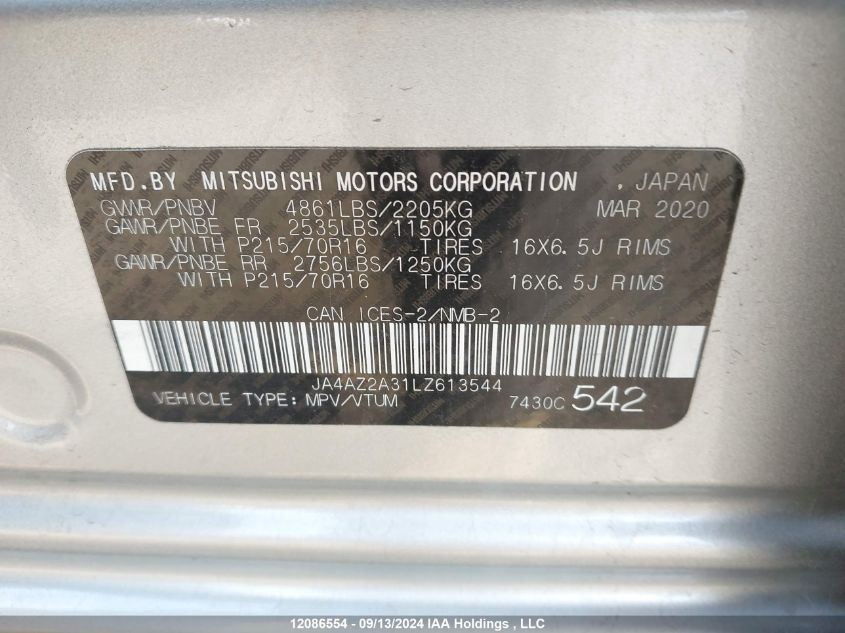 2020 Mitsubishi Outlander VIN: JA4AZ2A31LZ613544 Lot: 12086554