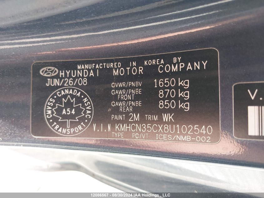 KMHCN35CX8U102540 2008 Hyundai Accent