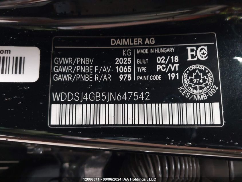 2018 Mercedes-Benz Cla 250 VIN: WDDSJ4GB5JN647542 Lot: 12086571