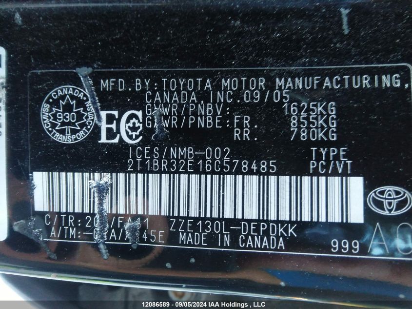 2T1BR32E16C578485 2006 Toyota Corolla Ce/Le/S