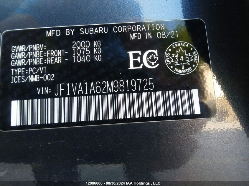 2021 Subaru Wrx VIN: JF1VA1A62M9819725 Lot: 12086608