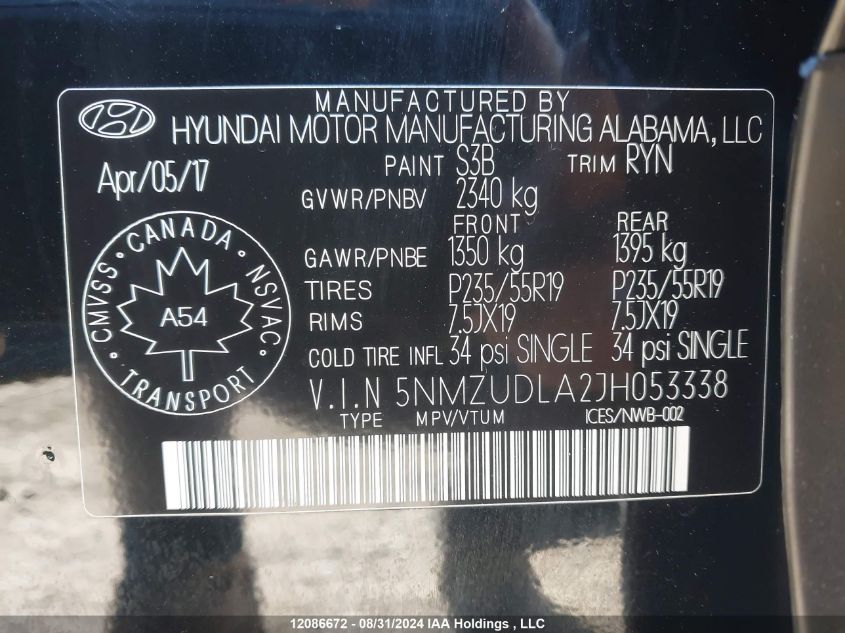 5NMZUDLA2JH053338 2018 Hyundai Santa Fe Sport