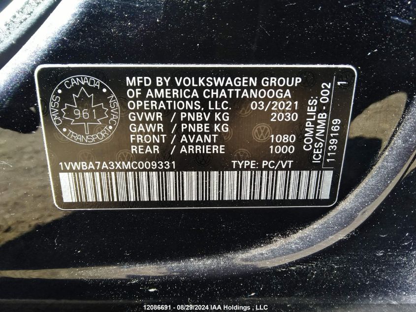 2021 Volkswagen Passat VIN: 1VWBA7A3XMC009331 Lot: 12086691